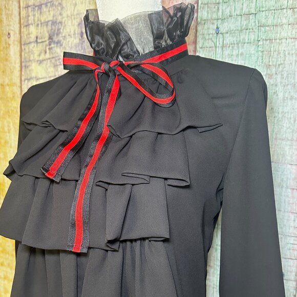 RUFFLE COLLAR & CUFFS FRONT TIE BUTTON DOWN SHEER LONG SLEEVE BLOUSE - Picture 4 of 11